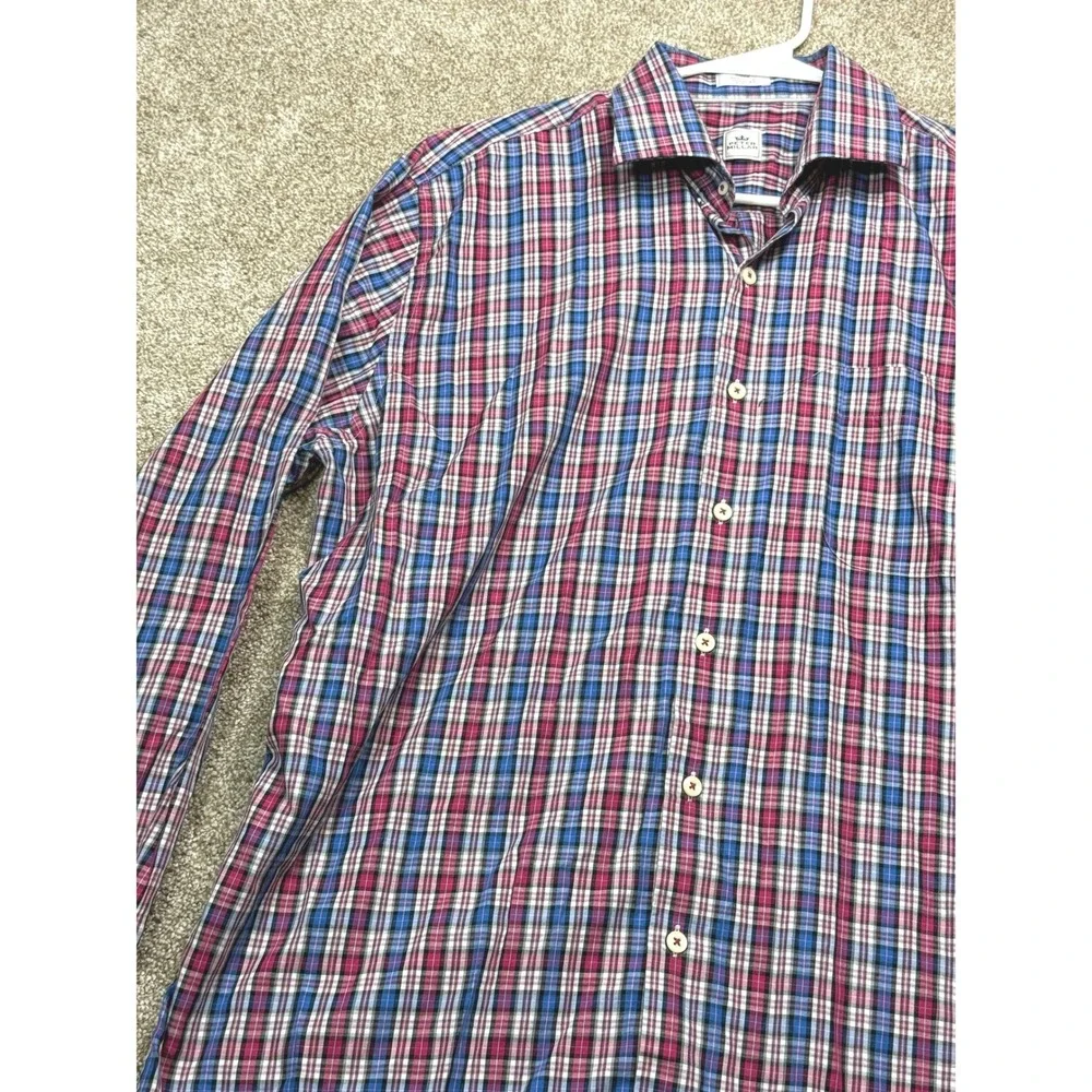Peter Millar Crown Mens Large Plaid Button‎ Down Shirt Blue Pink Long Sleeve